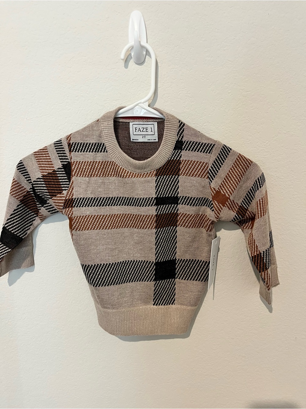 Faze 1 Kids Plaid Crewneck Sweater - Beige/Tan/Black